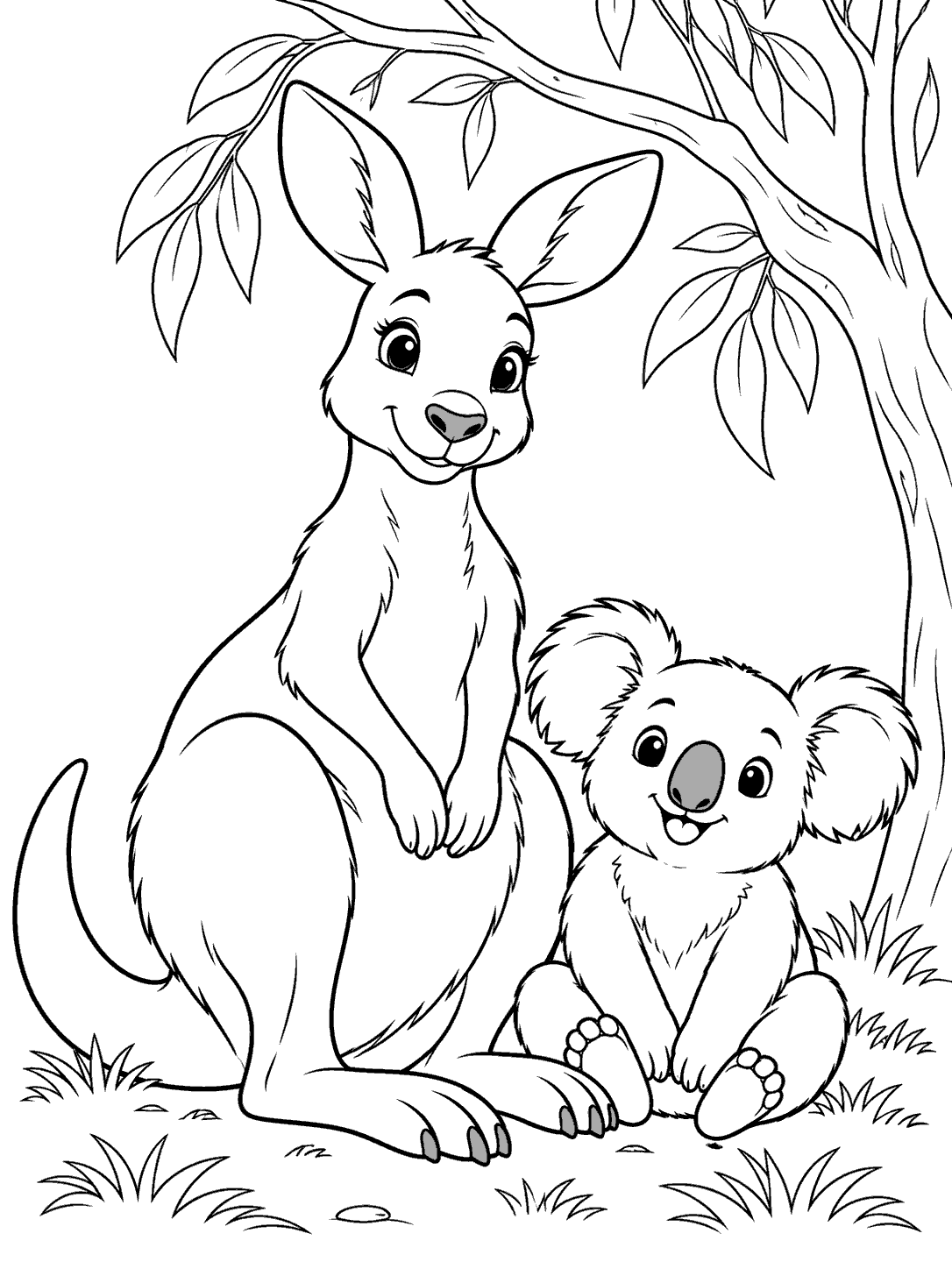Seated kangaroo and koala coloring page beneath a leafy tree branch
