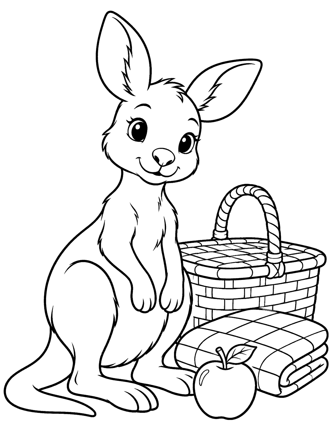 Kangaroo joey beside a picnic basket, checked blanket, and apple coloring page