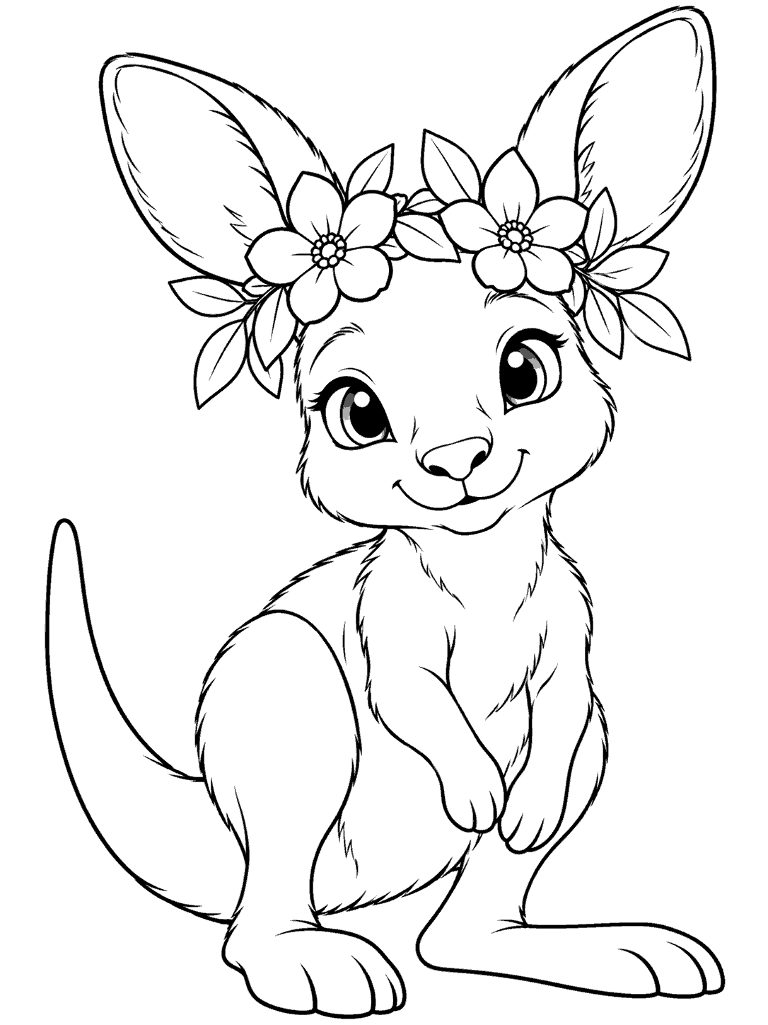 Smiling kangaroo joey with a flower wreath coloring page