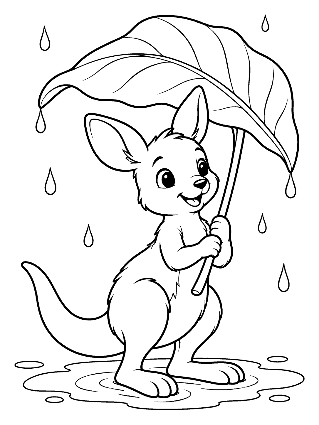 Black-and-white coloring page of a smiling kangaroo joey holding a broad leaf overhead as an umbrella, standing in a puddle amid sparse raindrops.