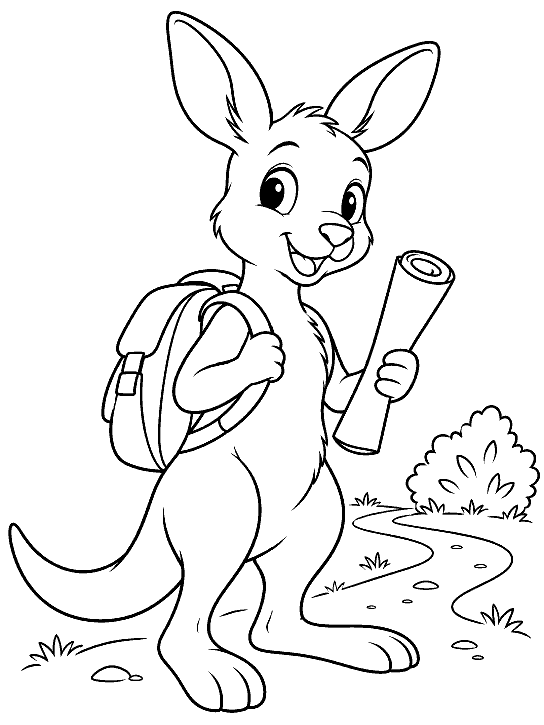 Kangaroo with backpack and rolled map coloring page