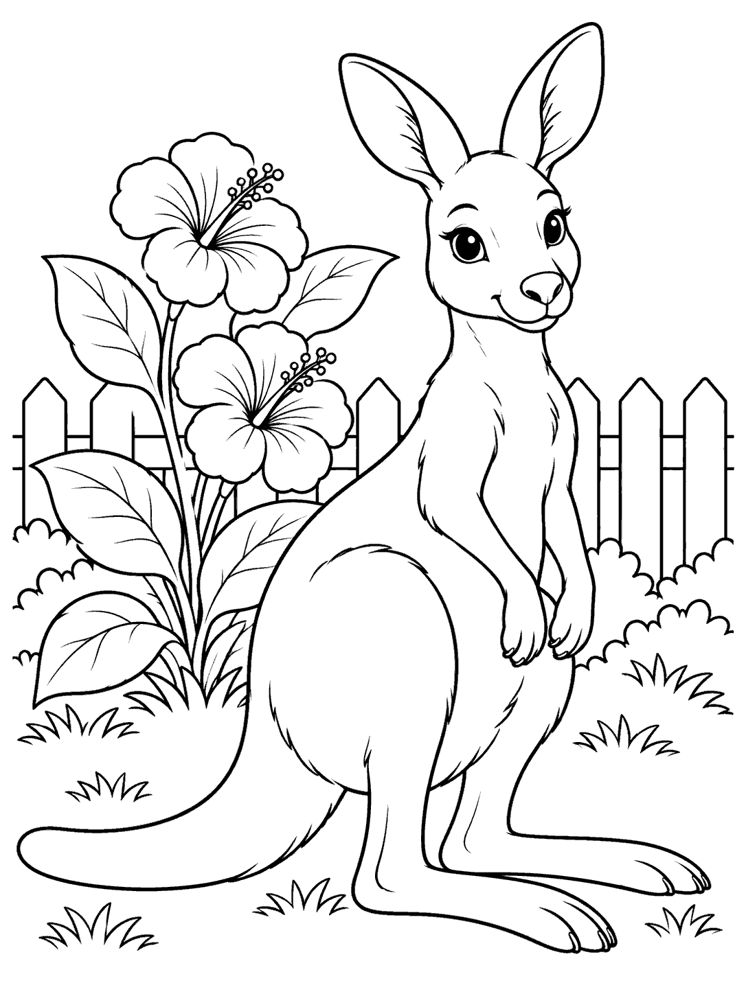 Black-and-white kangaroo coloring page with two blossoms, leafy plants, and a low garden fence
