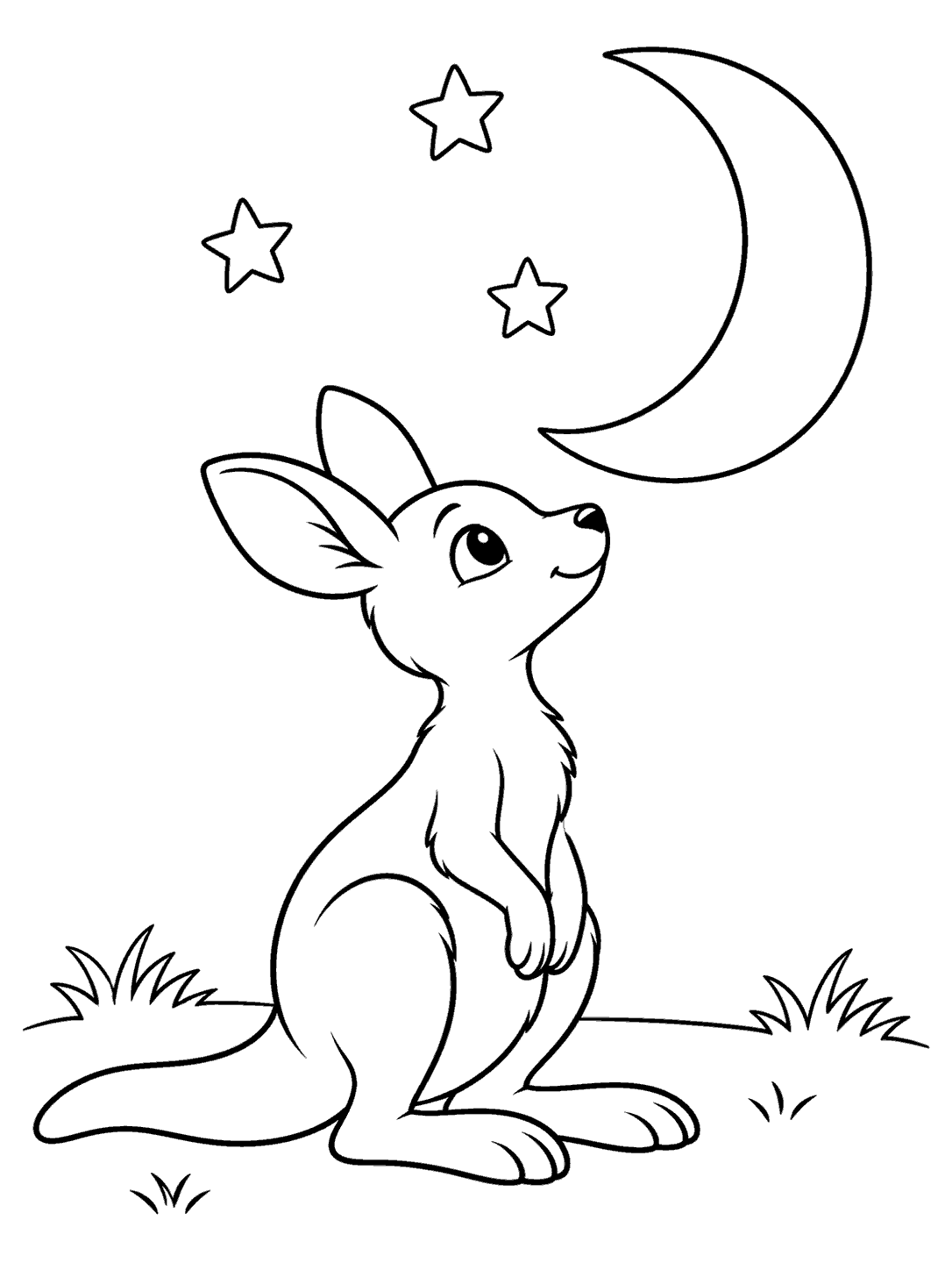 Kangaroo joey beneath a crescent moon and three stars coloring page