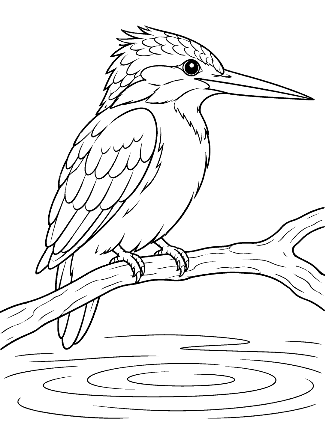 Printable black-outline drawing of a crested kingfisher perched on a branch above broad water ripples.