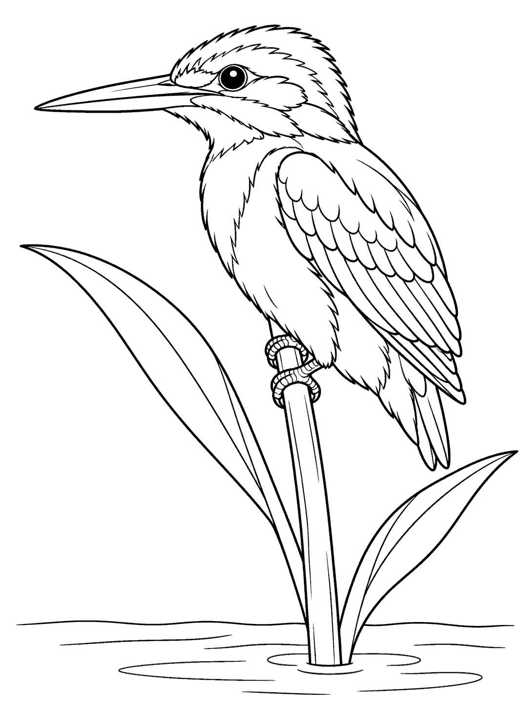 Black-and-white coloring page showing a left-facing kingfisher perched on a reed with two leaves above a simple waterline.