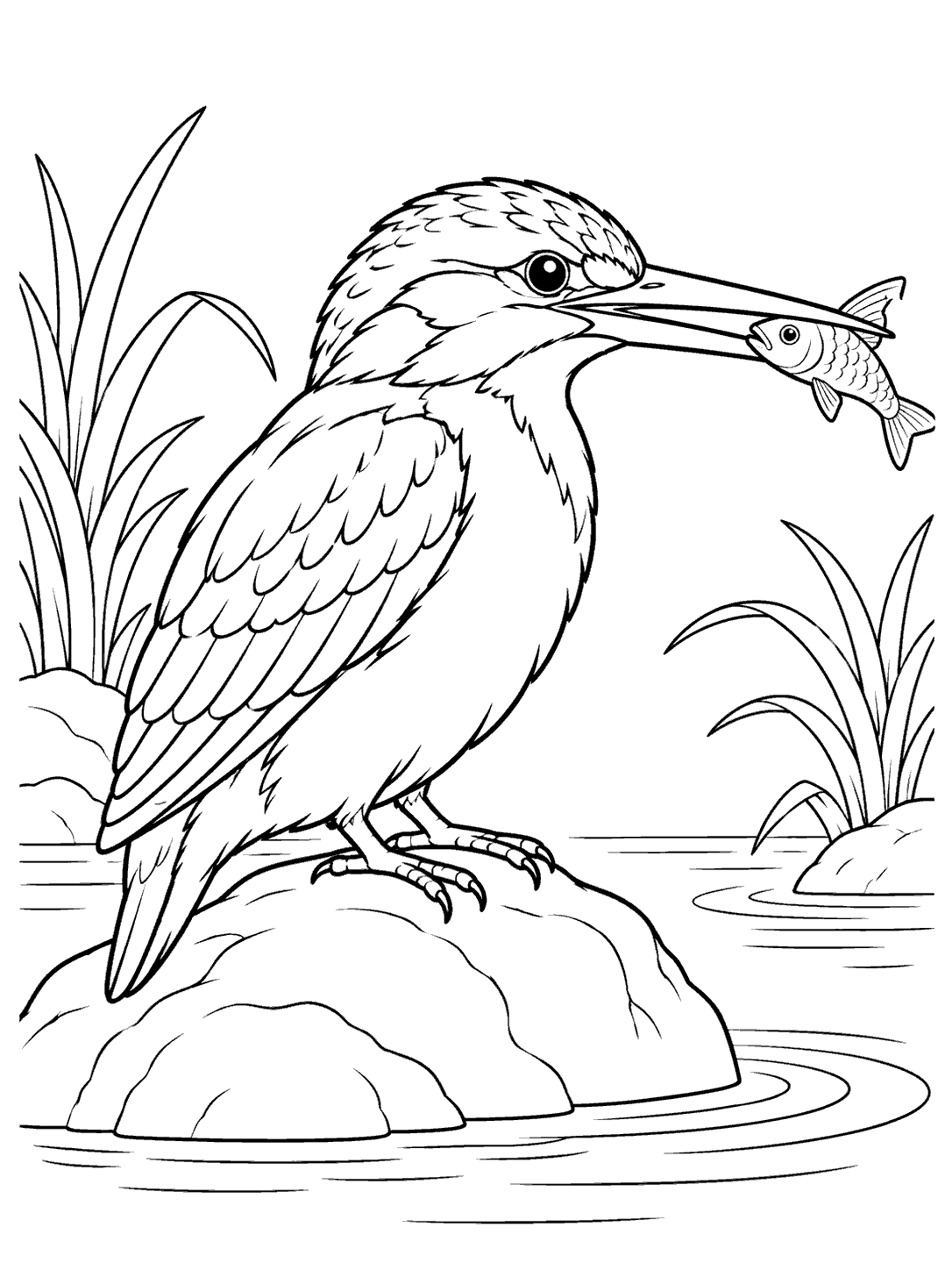 Black-and-white printable coloring page of a side-view kingfisher holding a fish while standing on a stone beside water.