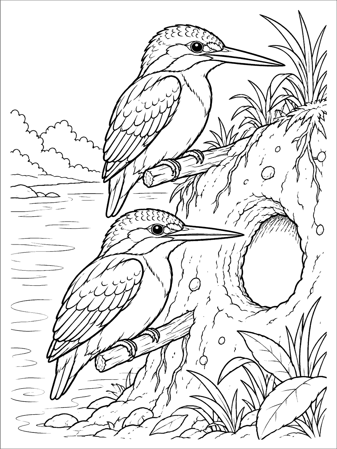 Two adult kingfishers perched by a round nest entrance in a black-and-white coloring page.