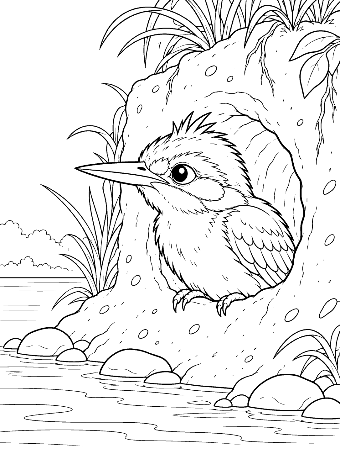 Black-and-white coloring page of a crested young kingfisher peeking from a riverbank nest beside the water.