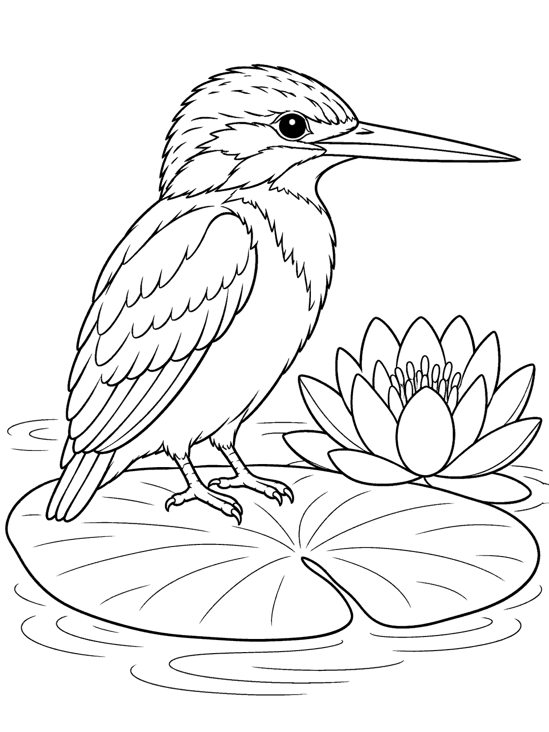 Black line art of a long-billed kingfisher standing on a broad lily pad beside a water lily, designed as a printable coloring page.