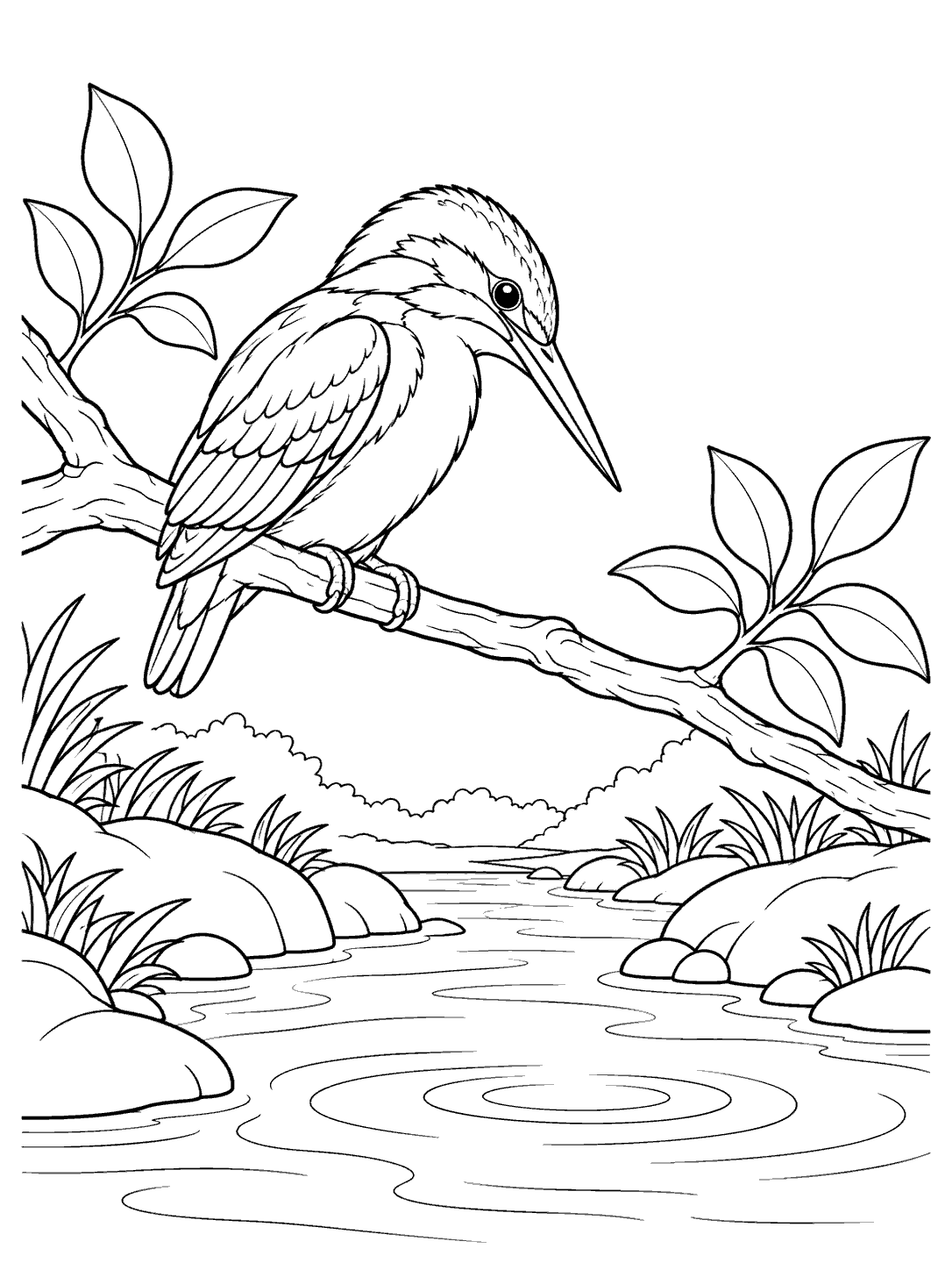 Kingfisher watching a stream from a branch in a printable coloring page