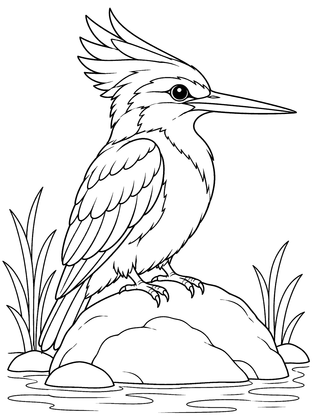 Black-outline coloring page of a swept-back-crested kingfisher perched on a broad rock, with reeds and water