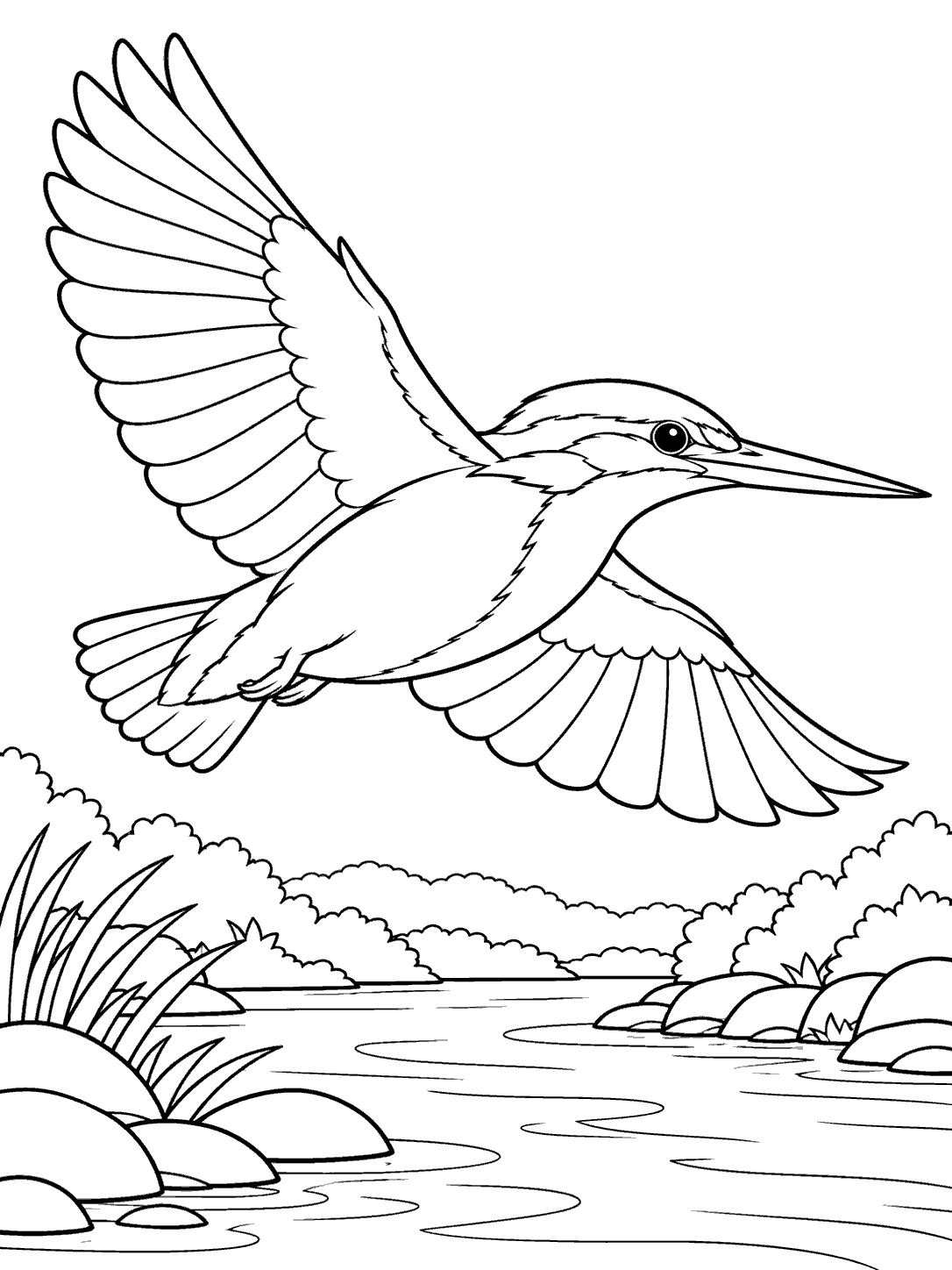 Black outline coloring page of a kingfisher flying over a riverside with reeds, rocks, and distant banks.