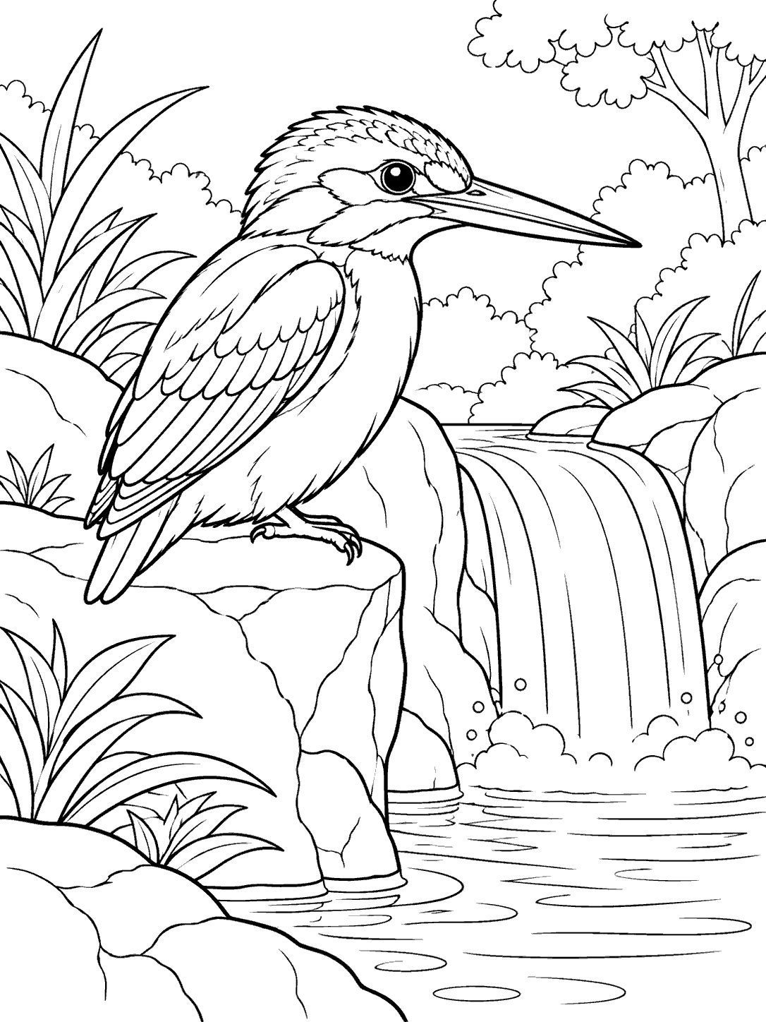 Kingfisher beside a small waterfall in a printable coloring page