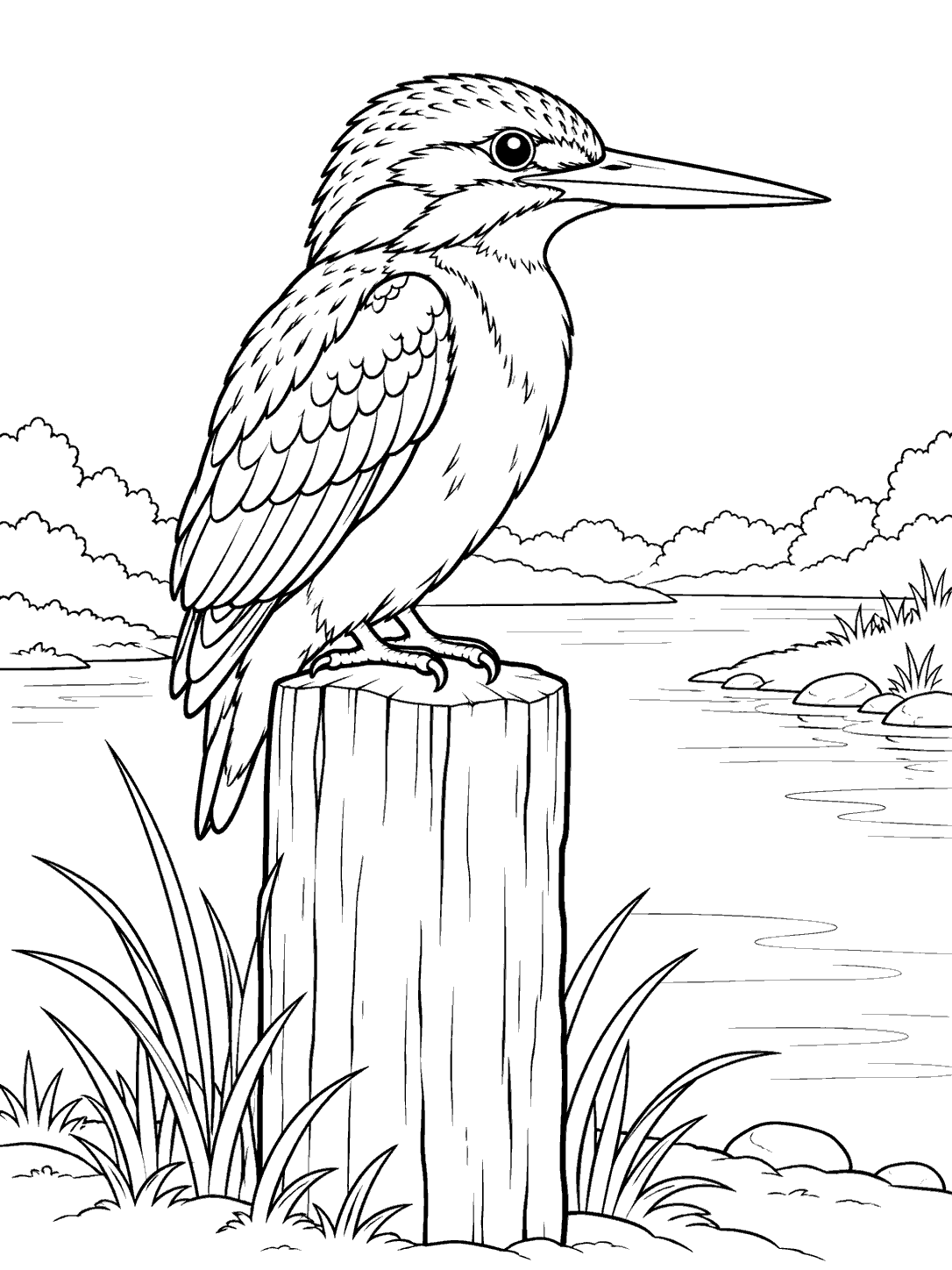 Kingfisher perched on a wooden post by a river, with grasses and rocks, in a printable coloring page
