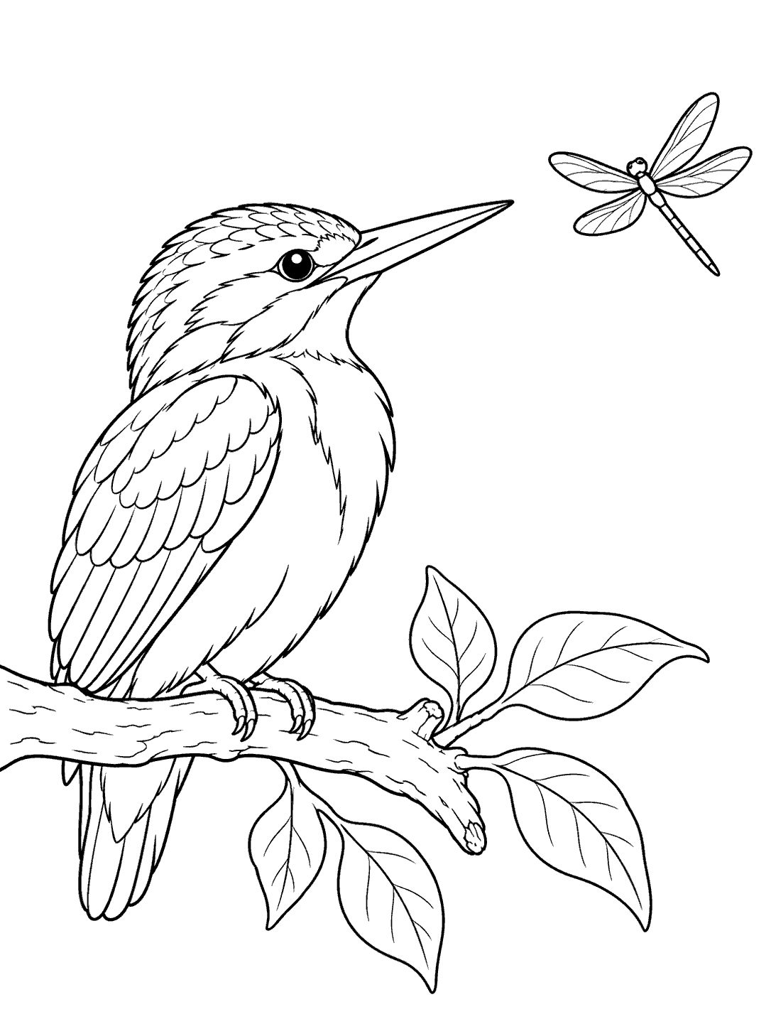 Kingfisher perched on a leafy branch watching a four-winged dragonfly in a printable coloring page