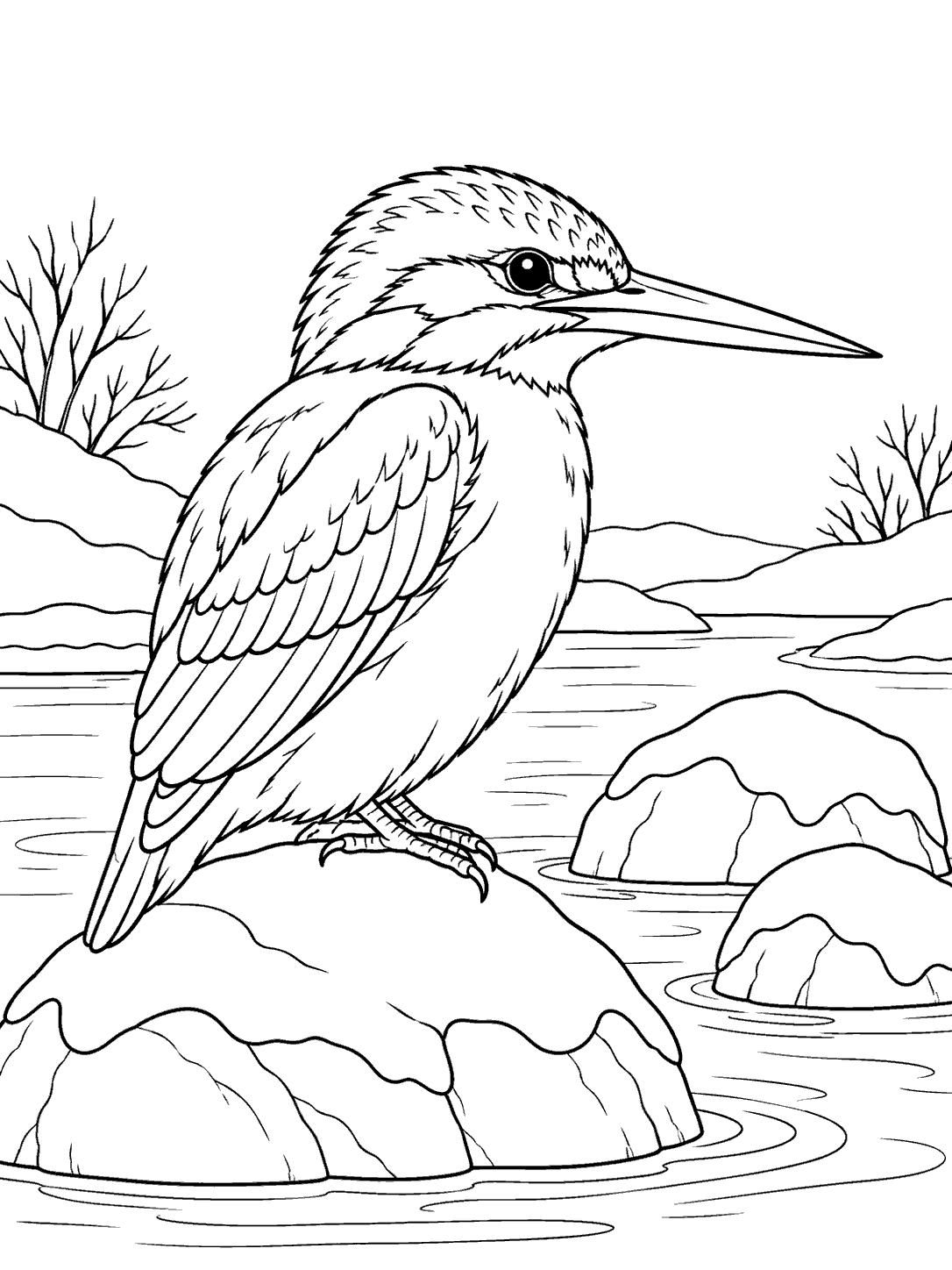 A long-billed kingfisher perched on a snowy river stone, with two snow-capped rocks nearby.