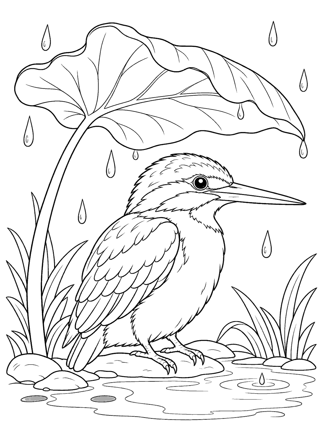 Black outline coloring page of a kingfisher beneath a broad leaf, surrounded by raindrops, plants, and a puddle.