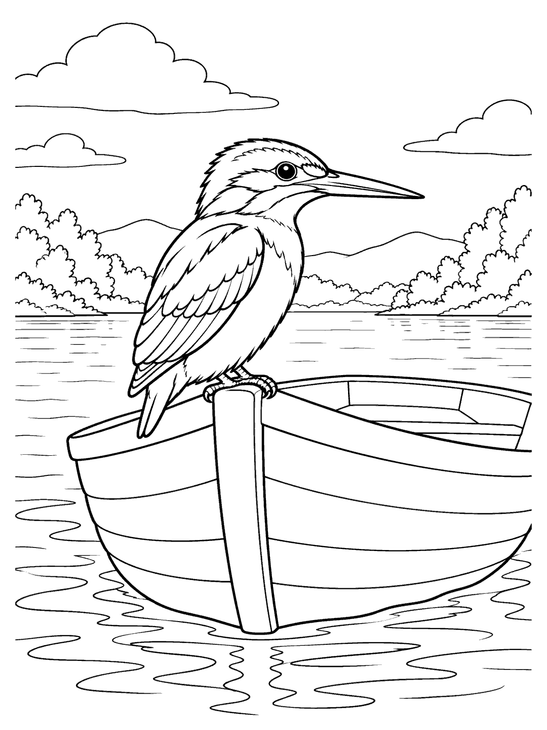 Side-profile kingfisher with a long bill perched on a rowboat floating on calm water, with hills, clouds, and shoreline foliage in the background.