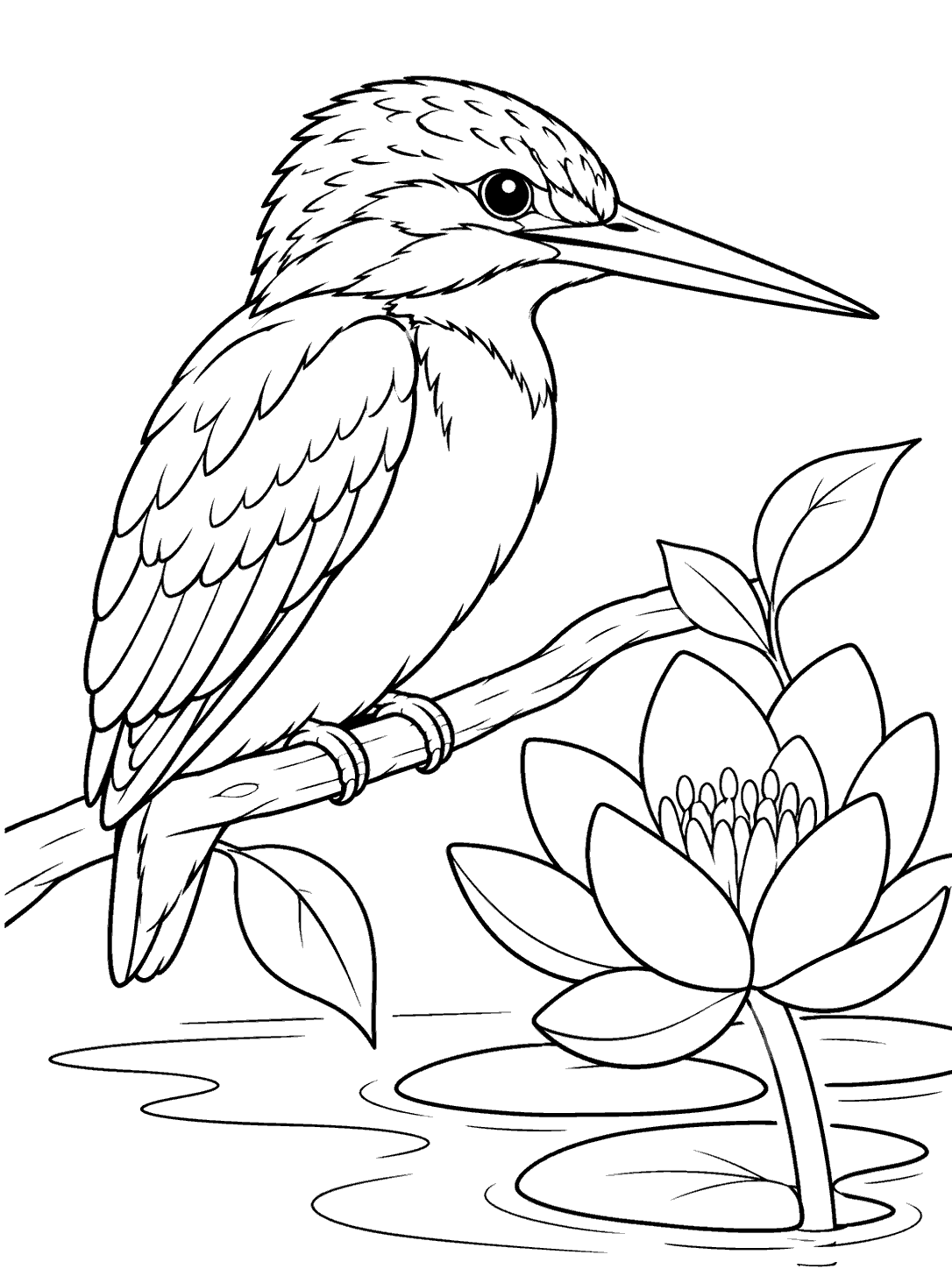 A large kingfisher perched beside a pond flower, with leaves and water ripples, in a printable coloring page.