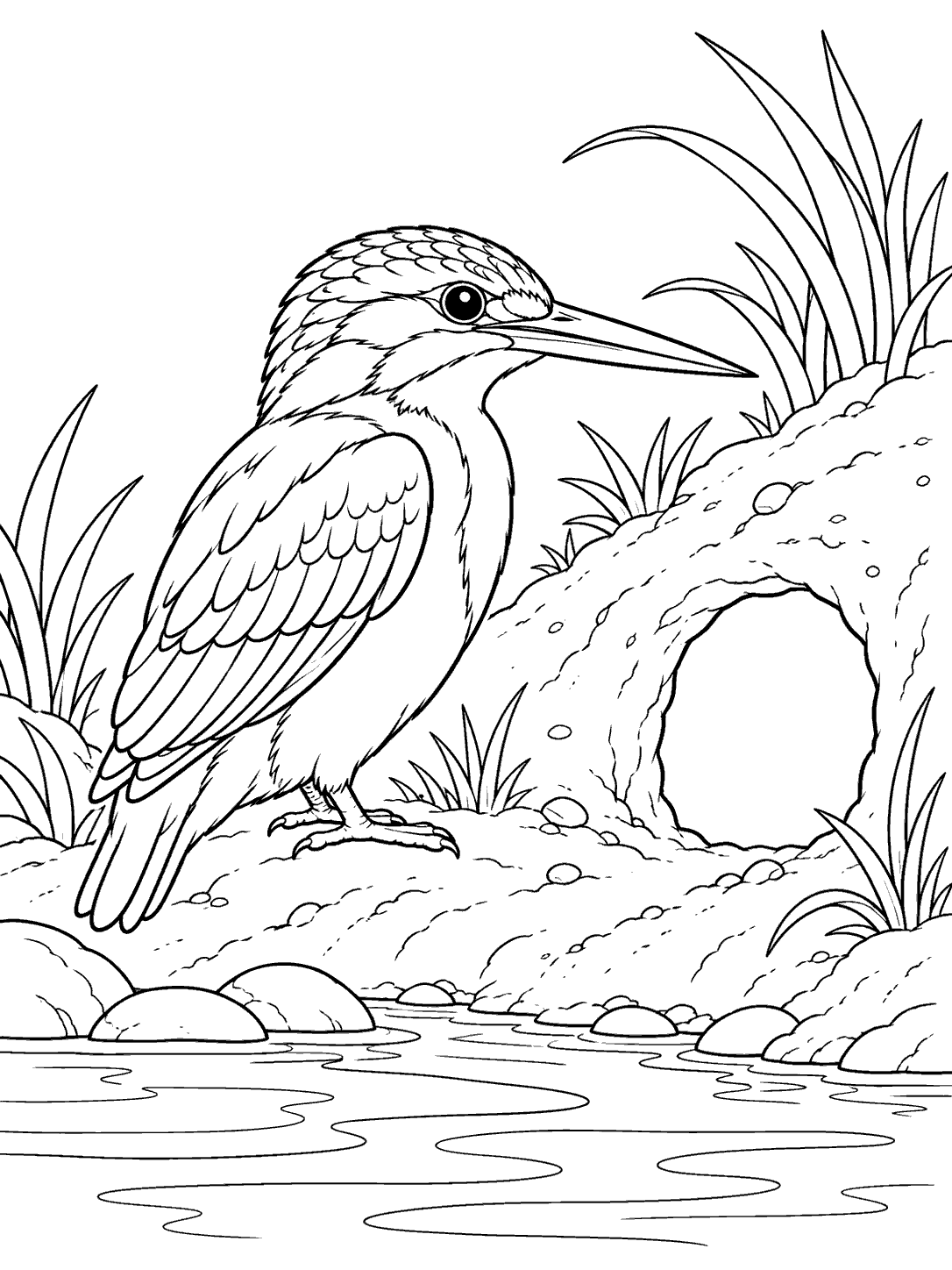 Kingfisher beside its burrow in a printable coloring page