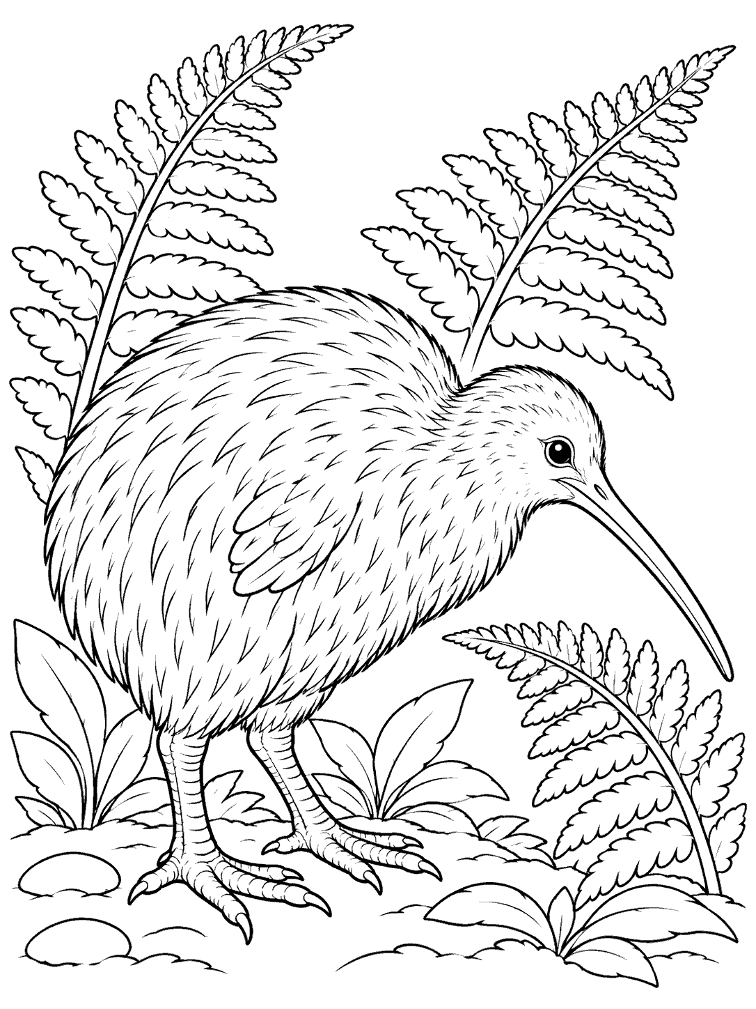 Black-outline kiwi bird standing among fern fronds on a coloring page