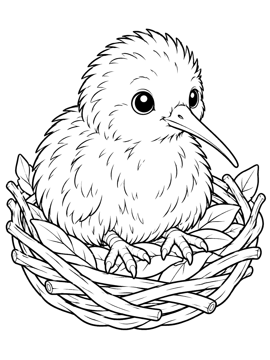 Black and white coloring page of a fluffy kiwi chick perched in a leafy twig nest