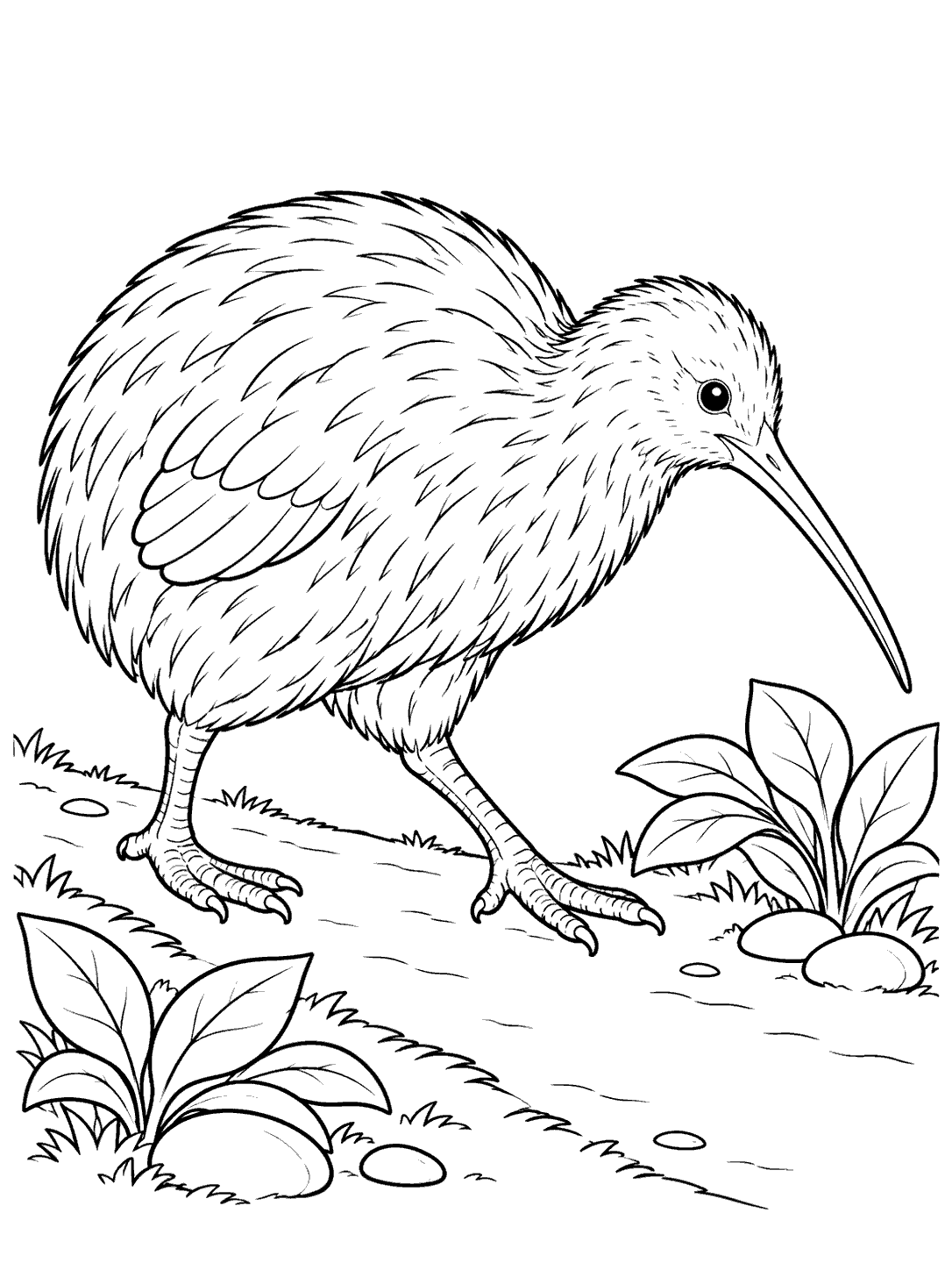 Kiwi bird walking across a forest path coloring page