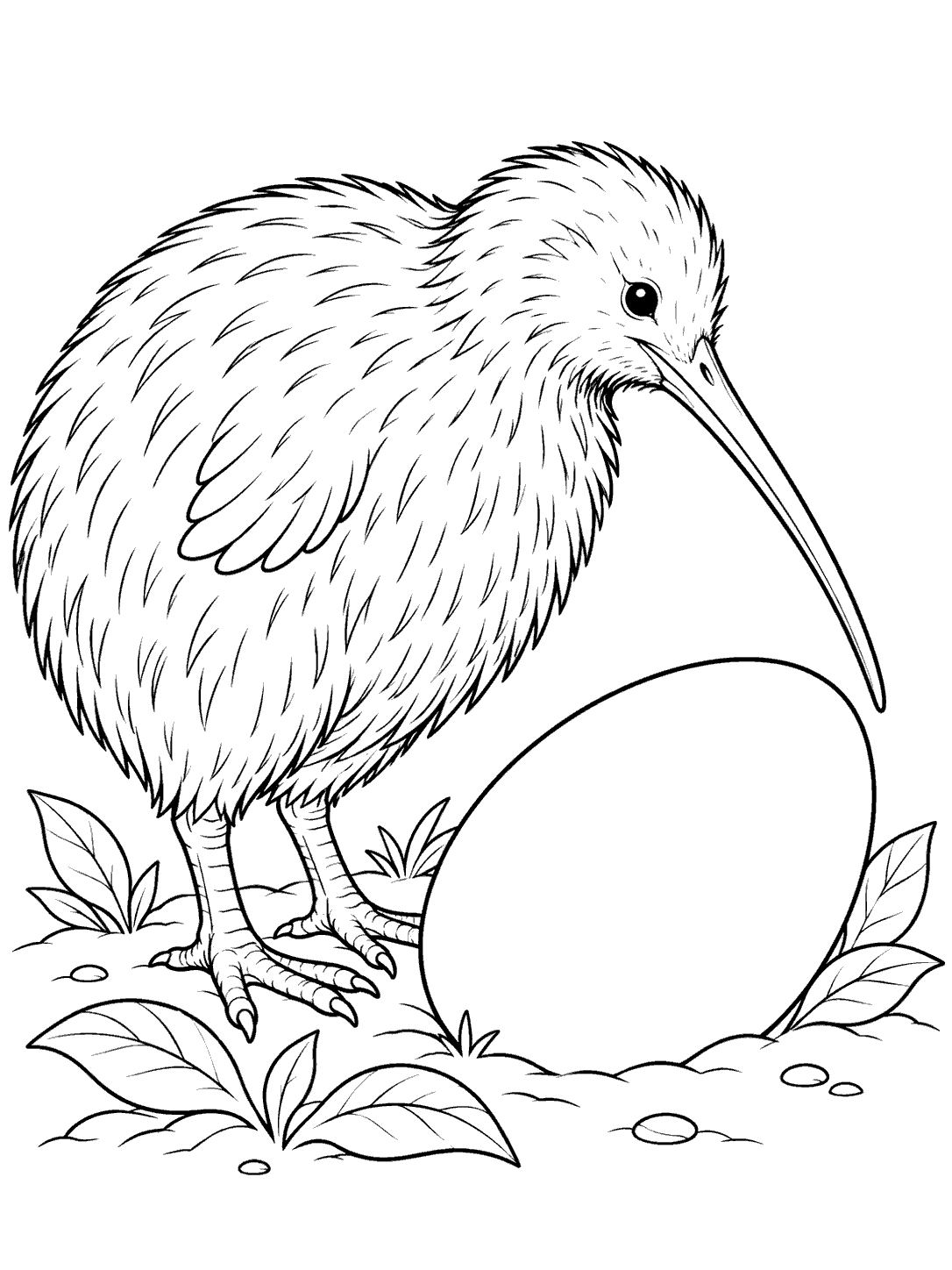 Black-and-white kiwi bird beside a large egg coloring page
