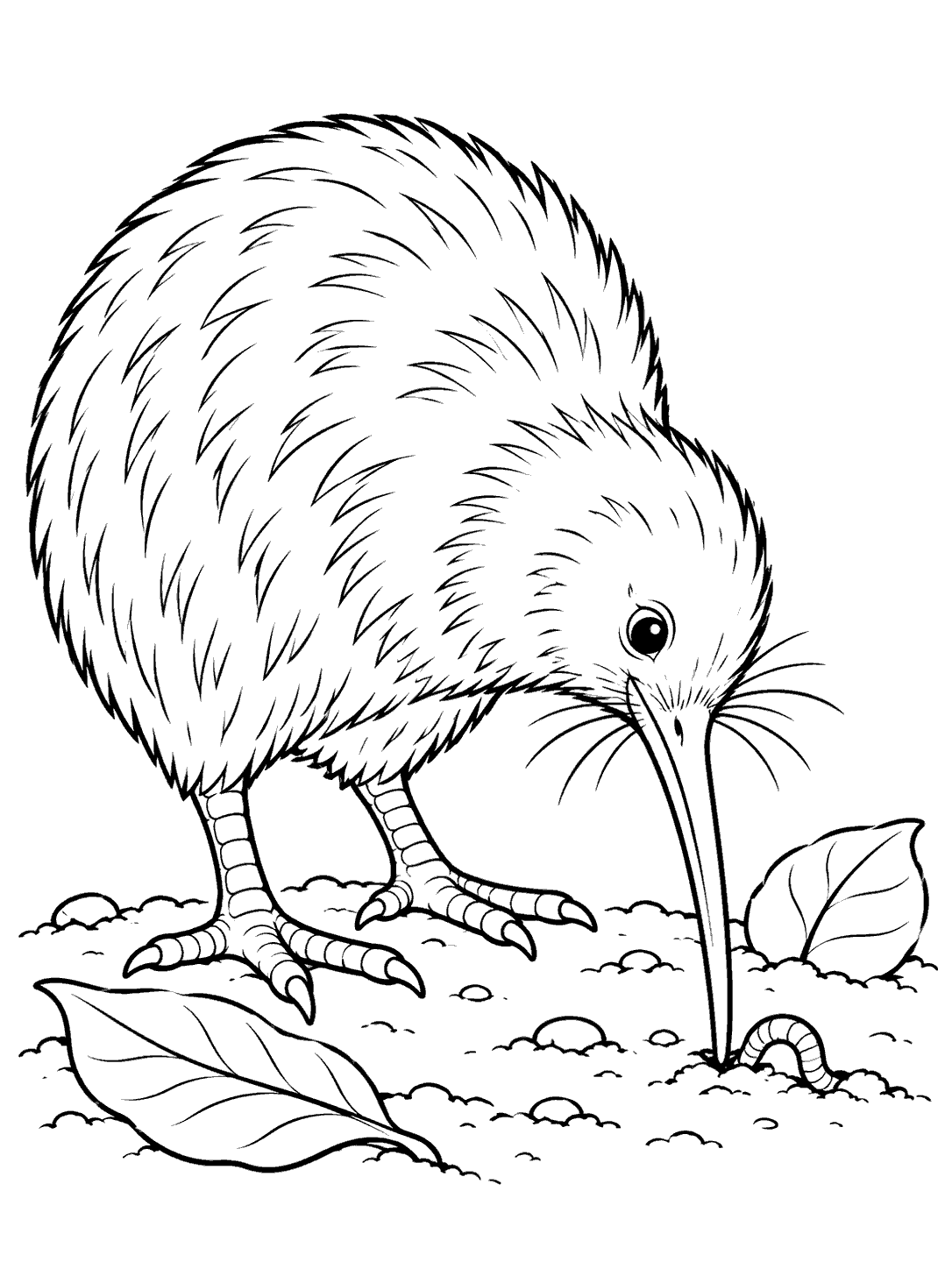 Kiwi bird touching its long bill to the soil beside an earthworm and two leaves in a coloring page