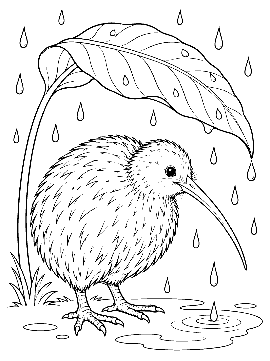 Round kiwi bird with a long bill beneath a curved leaf, surrounded by raindrops and a puddle, in a black-and-white coloring page.