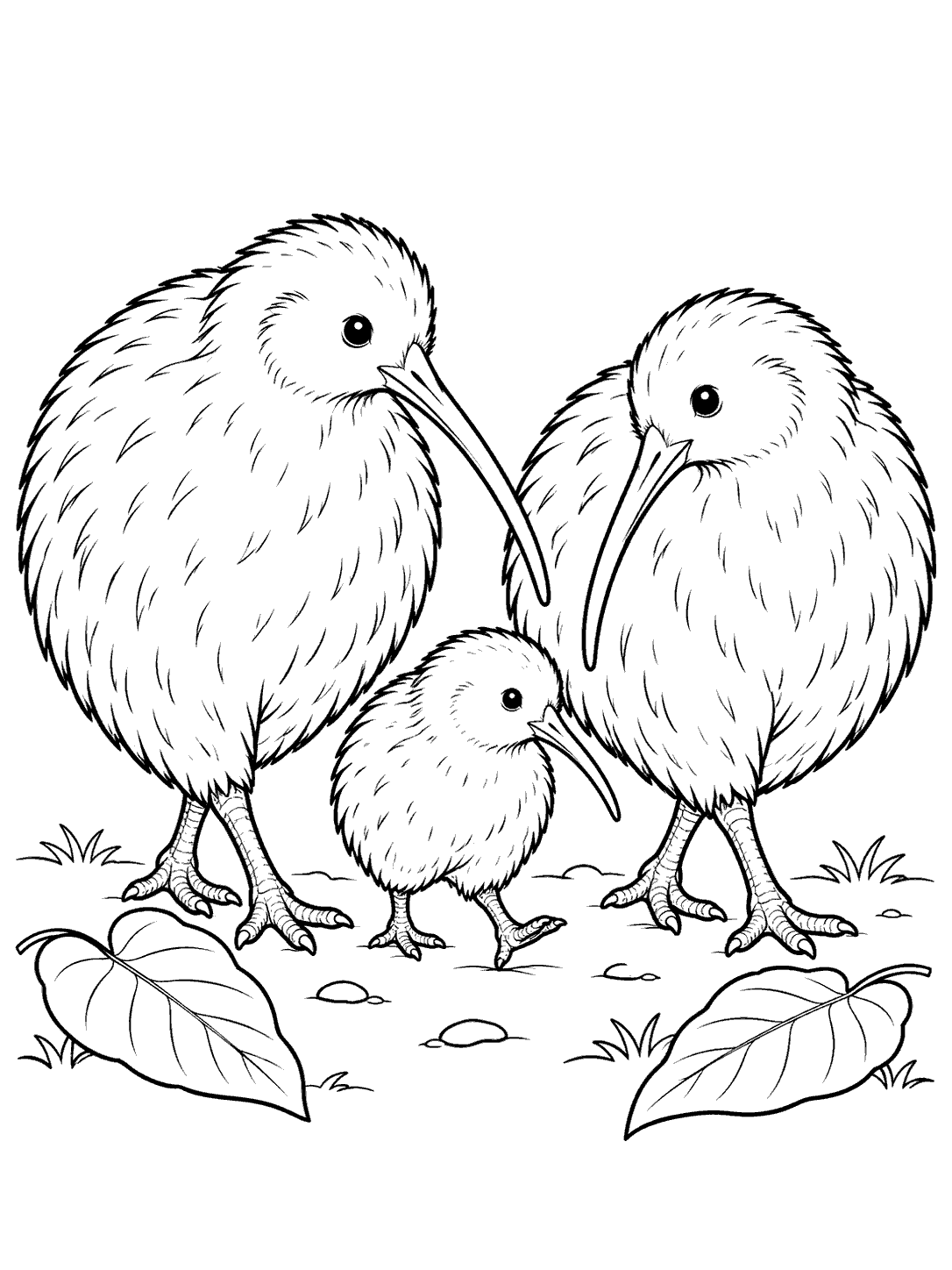 Black-and-white kiwi bird family coloring page with two adults and a chick between them
