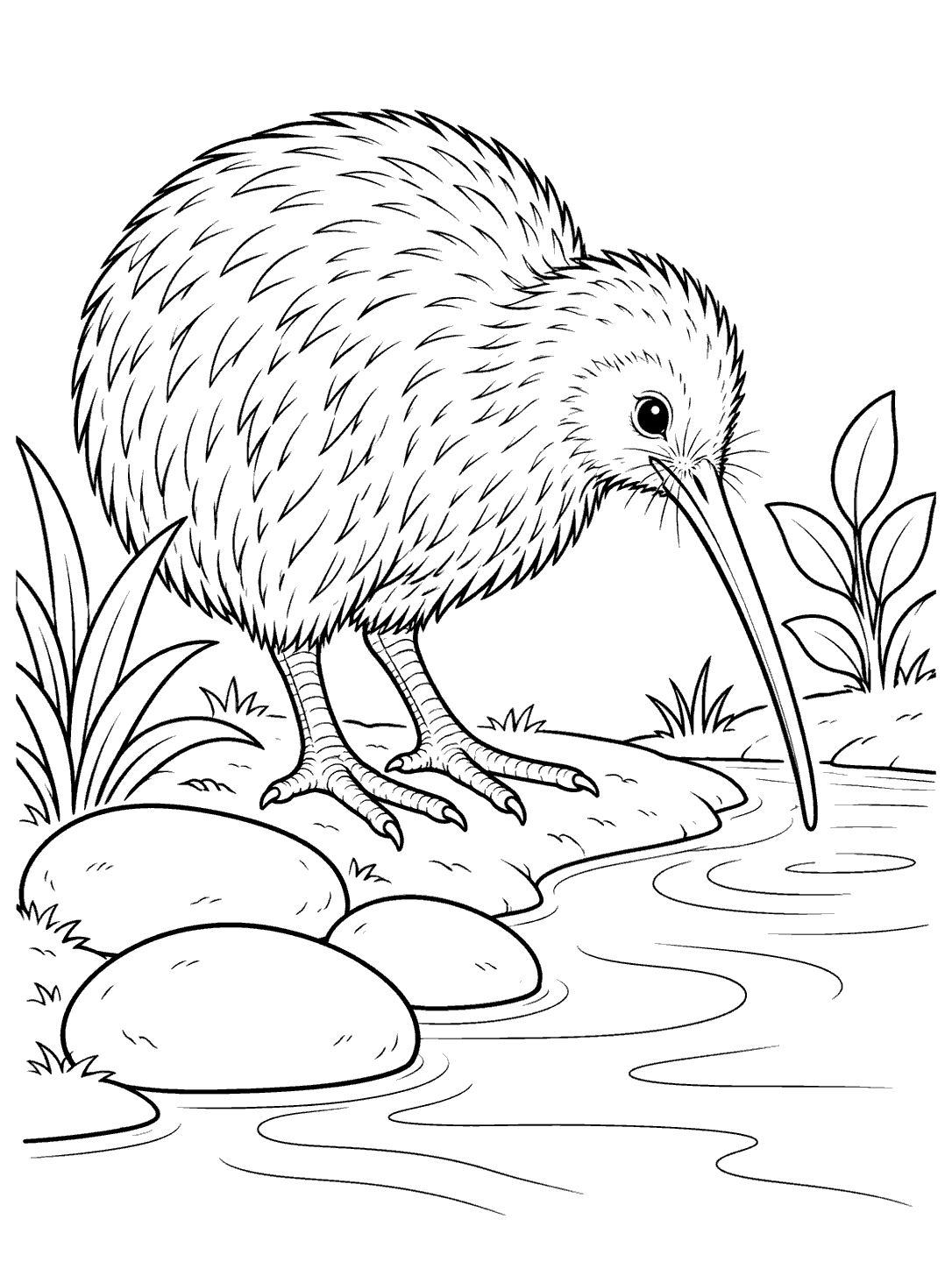 Kiwi bird beside a stream coloring page