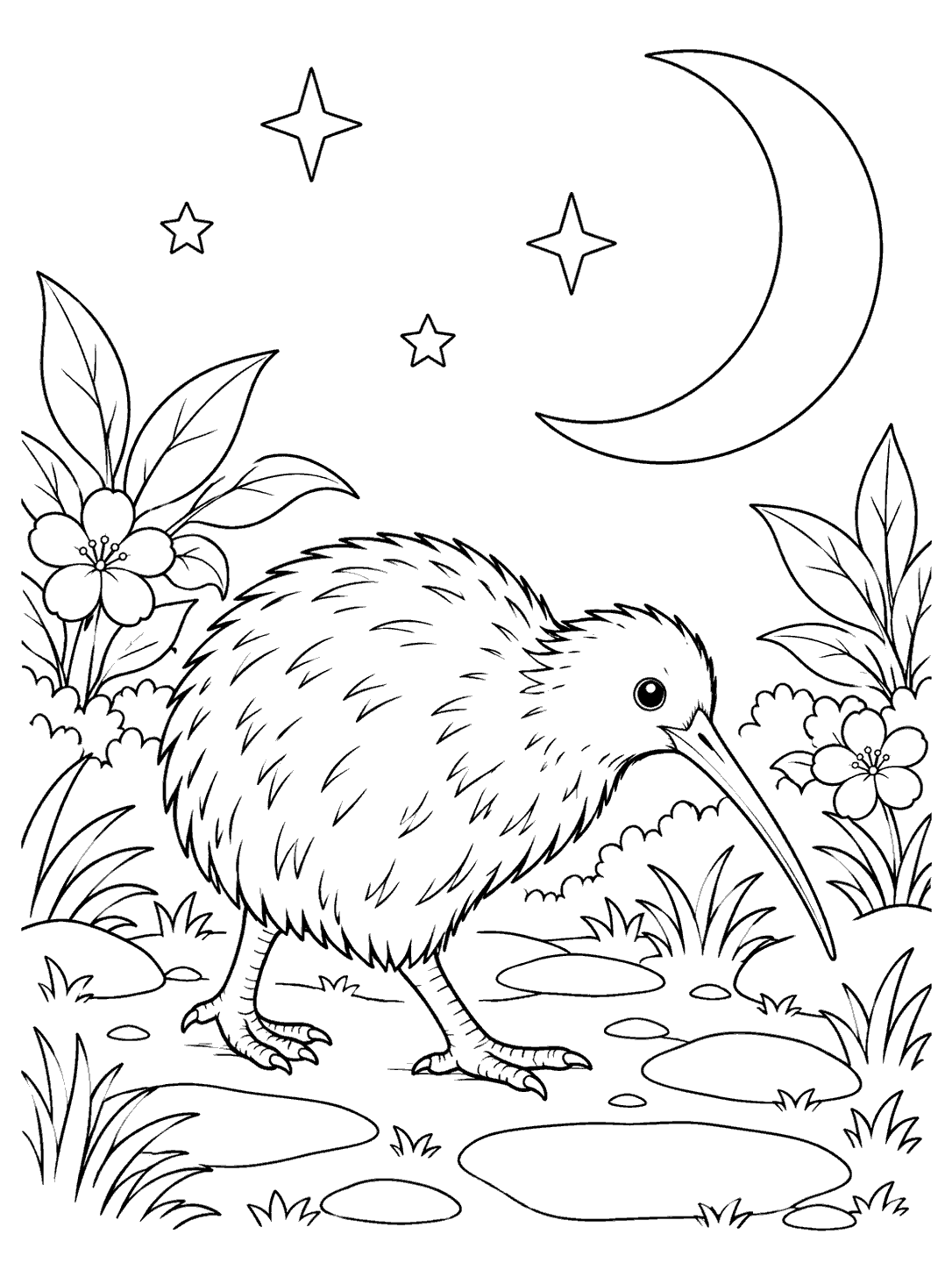 Black outline coloring page of a long-billed kiwi walking among garden plants beneath a crescent moon and stars.