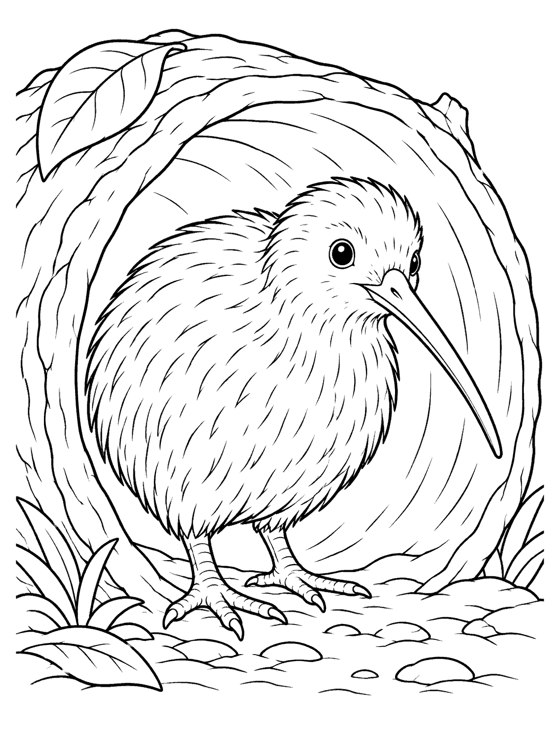 Kiwi bird standing inside a hollow log coloring page
