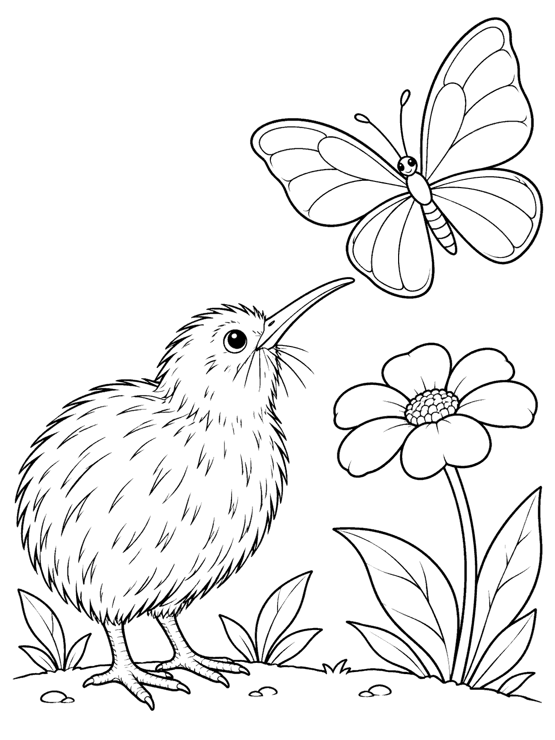 Kiwi bird watching a butterfly coloring page