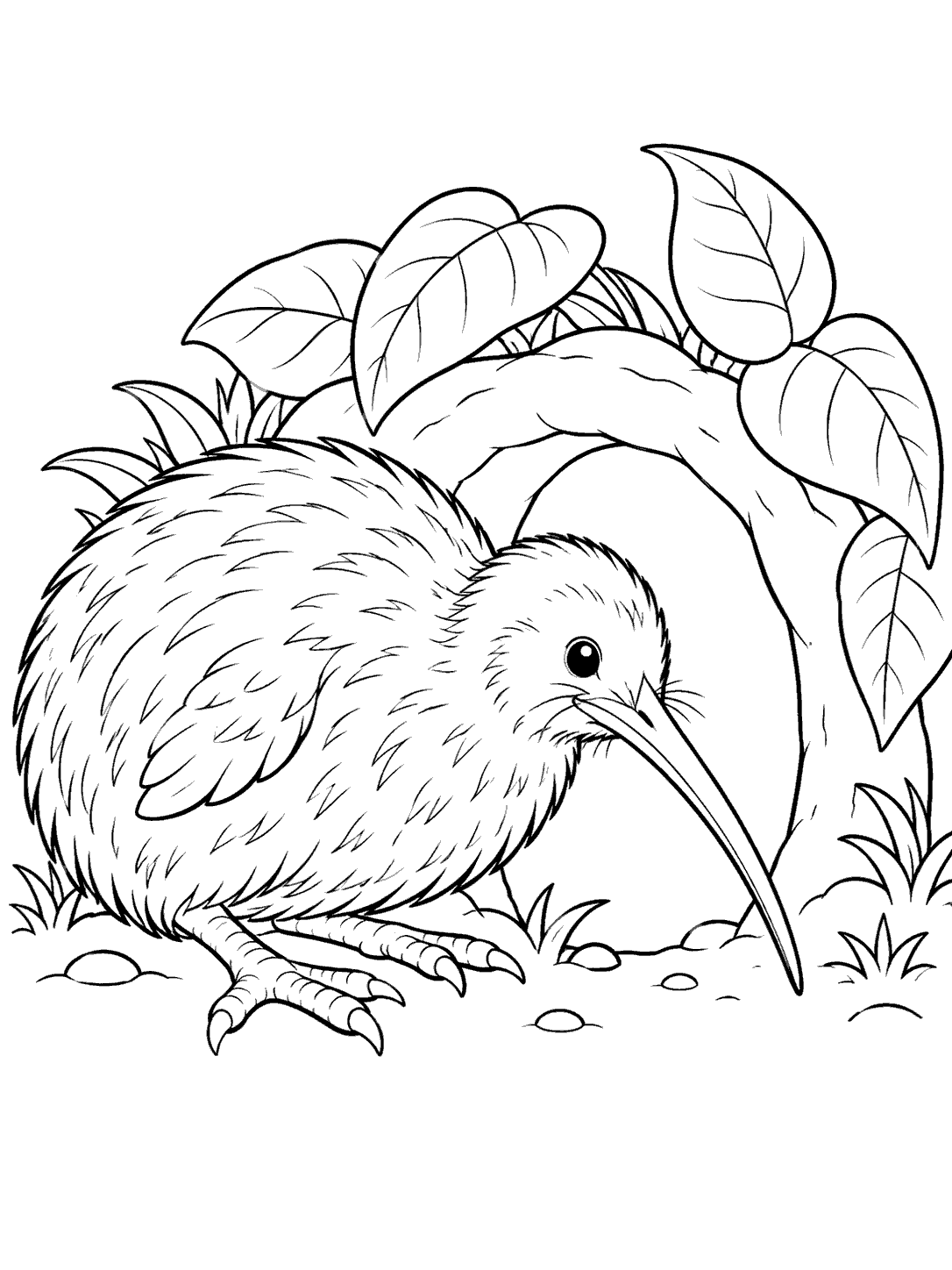 Black-and-white kiwi bird resting beside a leafy burrow entrance on a printable coloring page
