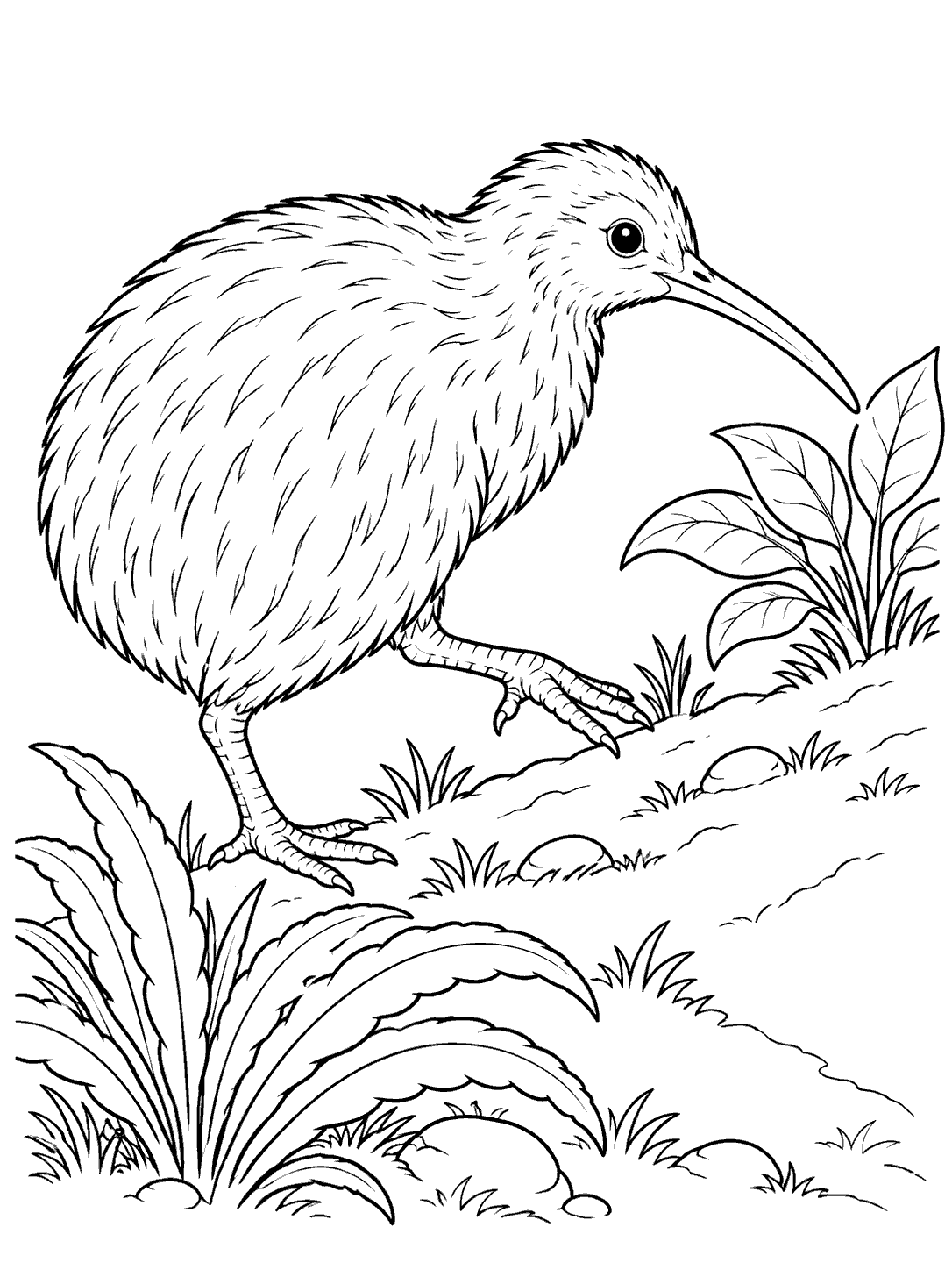 Kiwi bird taking a step up a gently sloping hill, surrounded by woodland plants, in a coloring page.