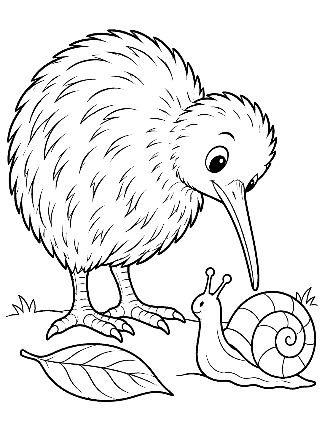 Kiwi bird investigating a snail coloring page