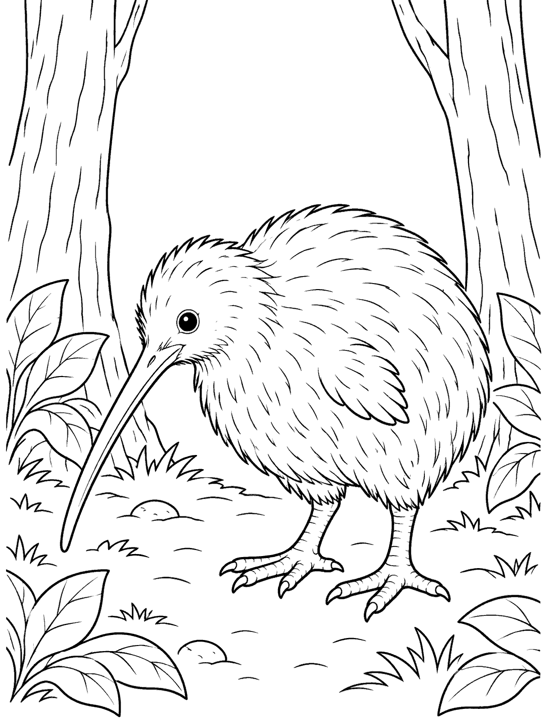 Kiwi bird in a forest clearing coloring page