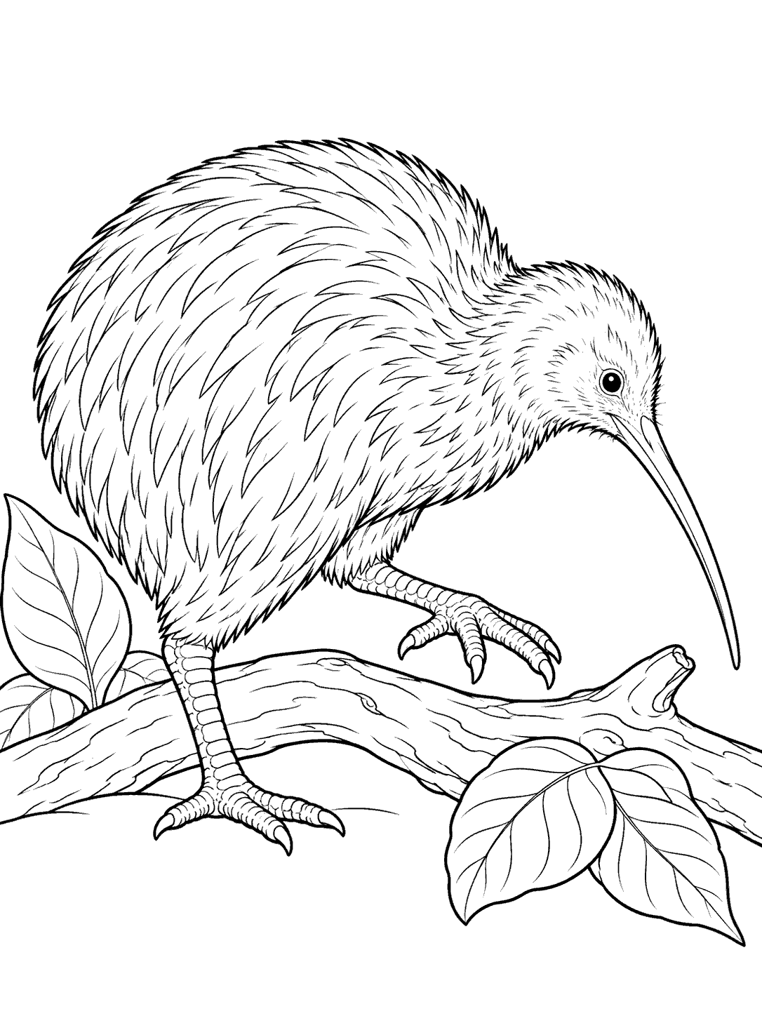 Black-and-white kiwi bird coloring page showing a long-billed kiwi stepping over a fallen branch with large leaves.