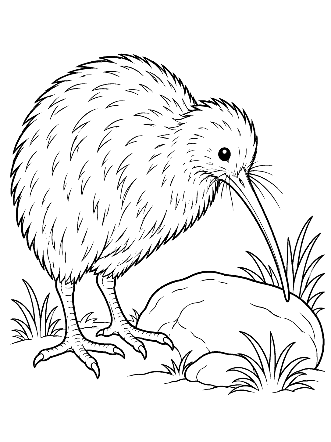 Kiwi bird beside a coastal rock coloring page