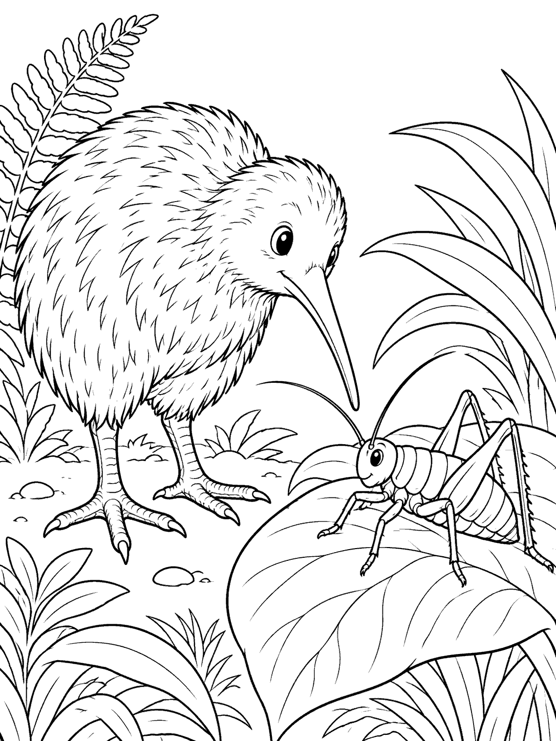 Kiwi bird noticing a segmented wētā perched on a broad leaf in a black-and-white coloring page