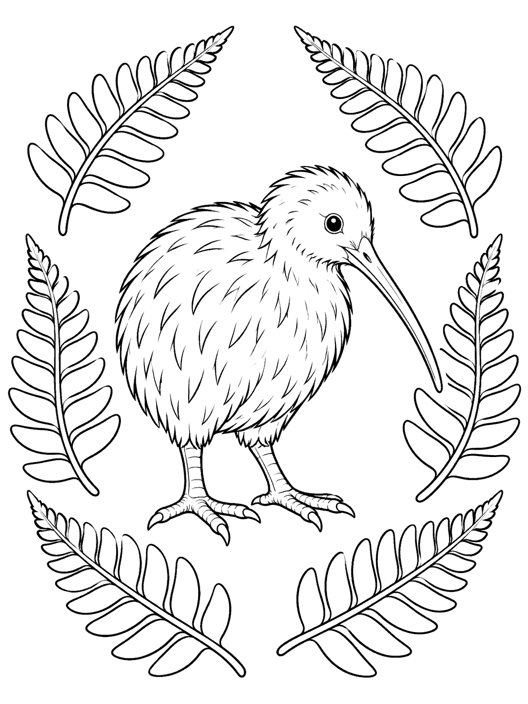 Black-and-white coloring page showing a standing kiwi surrounded by six fern fronds