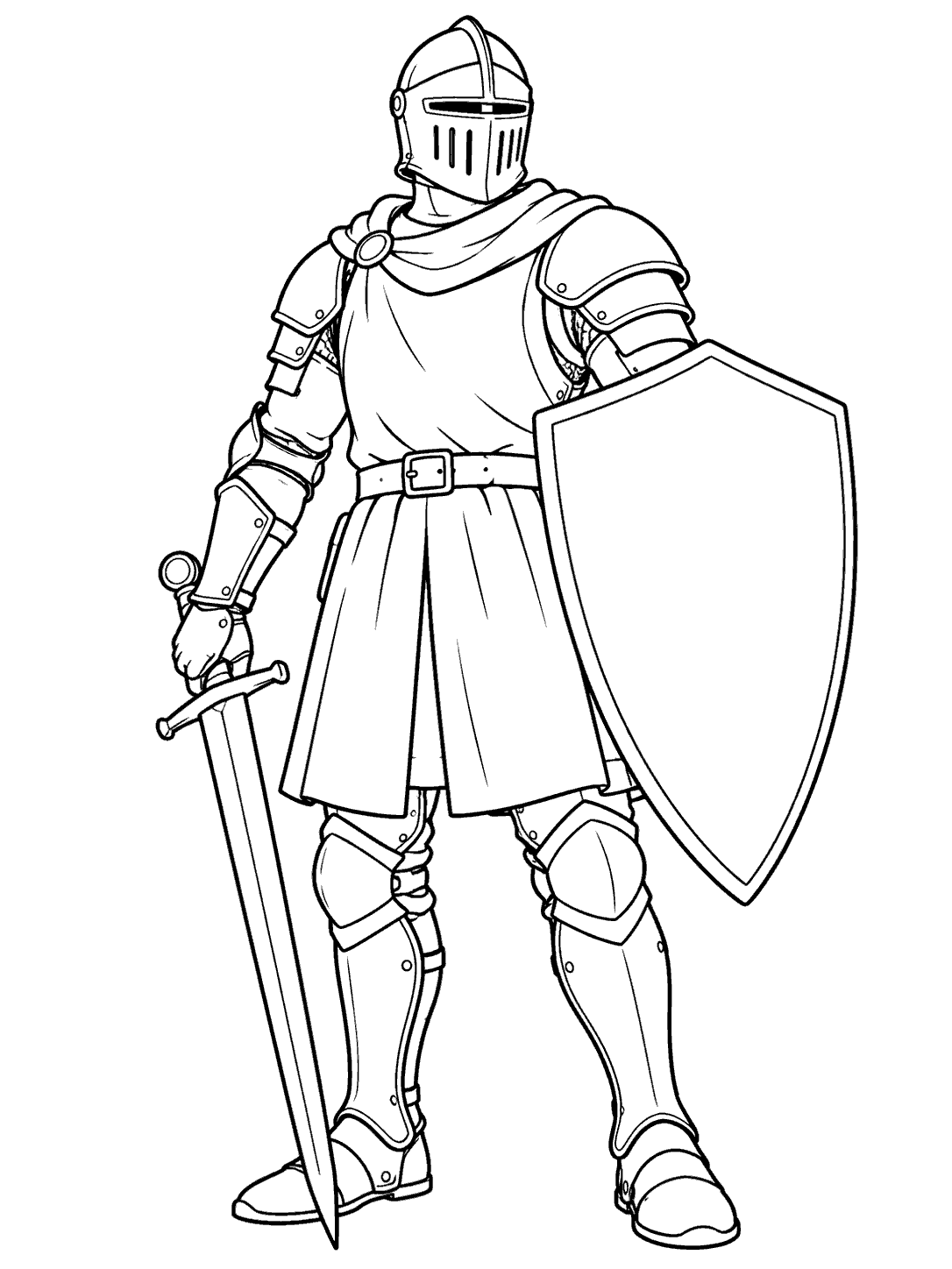 Full-body knight in a helmet and armor holding a large plain shield, in a black-and-white coloring page.