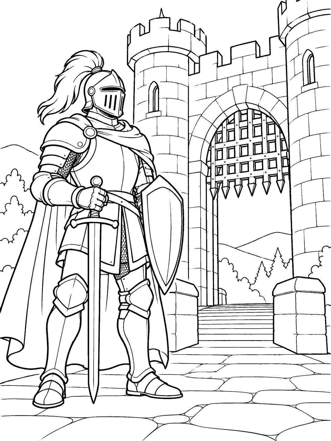 Black-and-white coloring page of an armored knight with sword and shield beside a castle gate and raised portcullis.