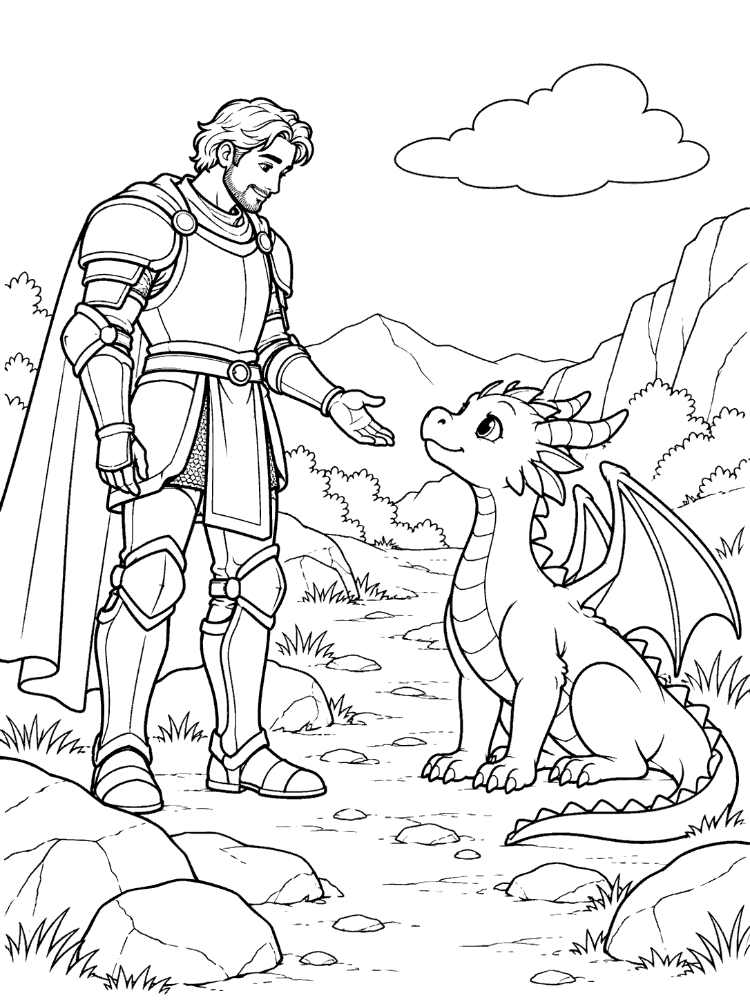 Black-outline coloring page of a fully armored knight offering a hand to a friendly dragon, with rocks and a cloud.