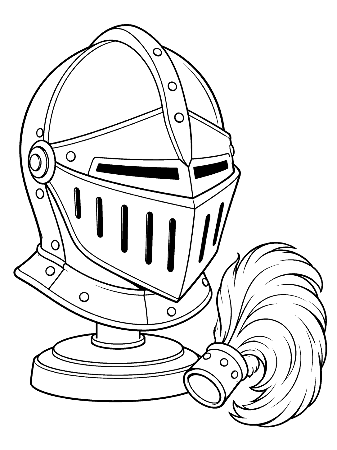 Black and white coloring page of a medieval knight helmet on a stand with a detached plume beside it.