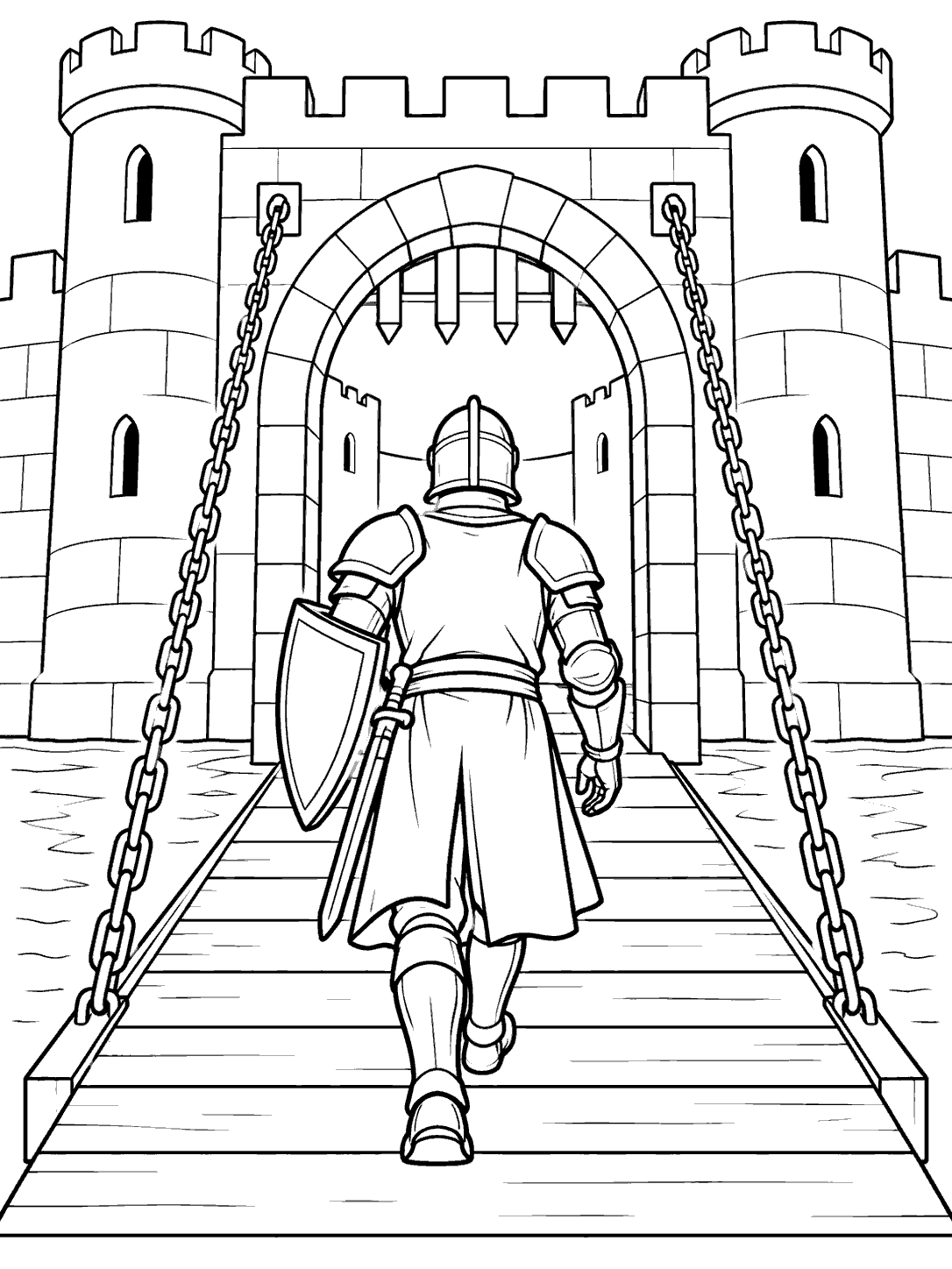 Black-line coloring page of an armored knight walking across a chained drawbridge toward a castle arch.