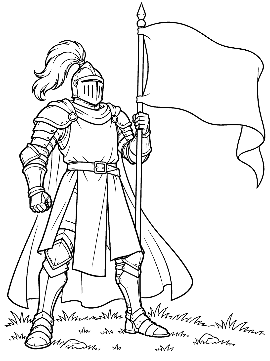 Black outline coloring page of an armored knight holding a large blank banner, standing on grass.