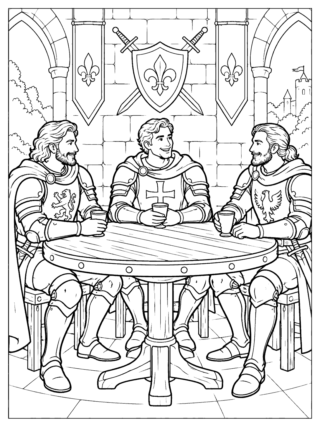 Three armored knights seated around a round table in a black-outline coloring page